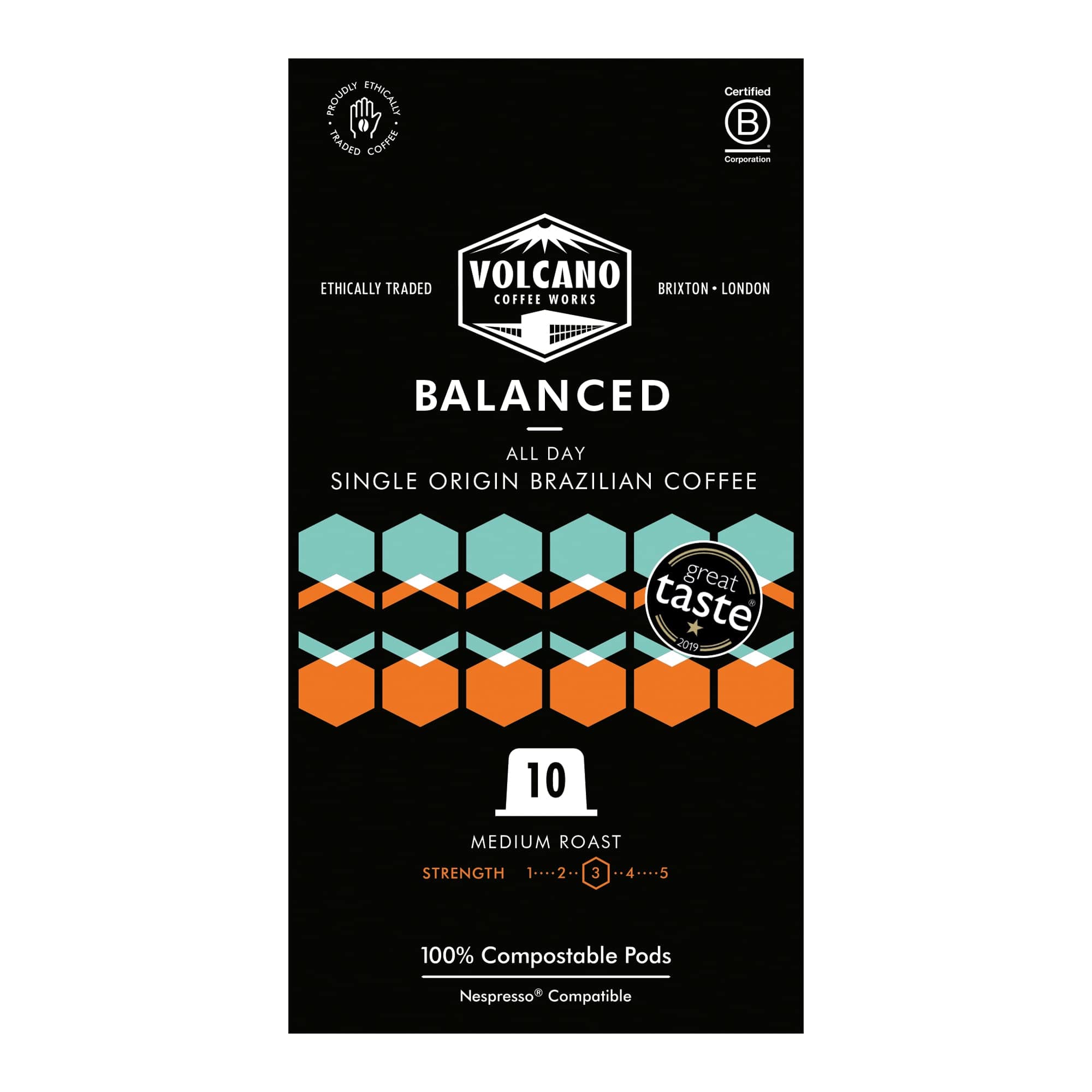 Volcano Coffee Works | Balanced All Day | Nespresso Compatible Eco Coffee Pods | 100% Compostable Capsules | Carbon Neutral | Brazilian Origin | 10 Pack