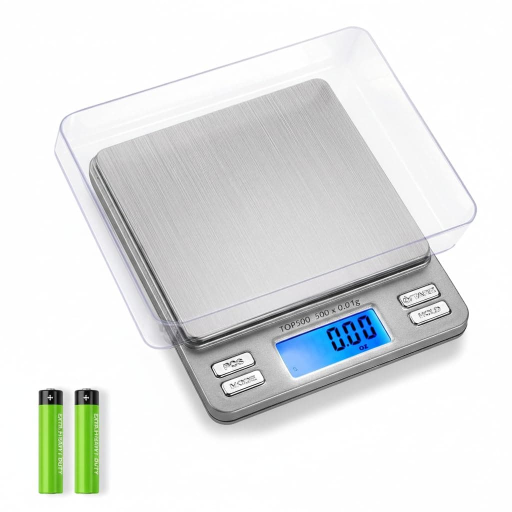 Digital Pro Pocket Scale with Back-Lit LCD Display, Tare, Hold and PCS Features 500 x 0.01g (2 Lids Included)