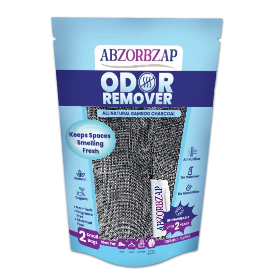 Abzorbzap Odor Remover | Natural Air Purifier (Activated Bamboo Charcoal) | Odor Remover for closets, luggage, pet areas and garbage cans