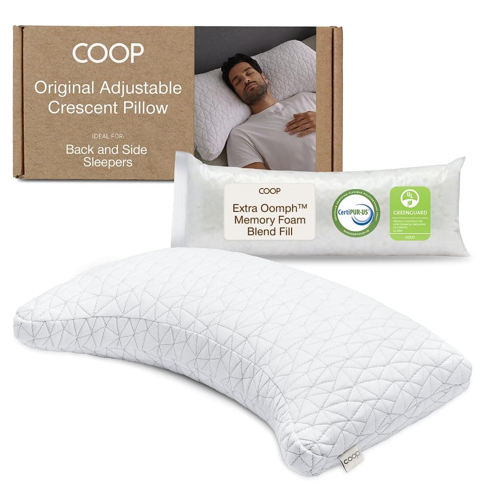 Coop Home Goods Original Crescent Moon Adjustable Pillow Queen Bed Pillow for Shoulder, Neck and Head Support Crescent Foam Pillow - Medium Firm for Back and Side Sleepers CertiPUR-US/GREENGUARD Gold
