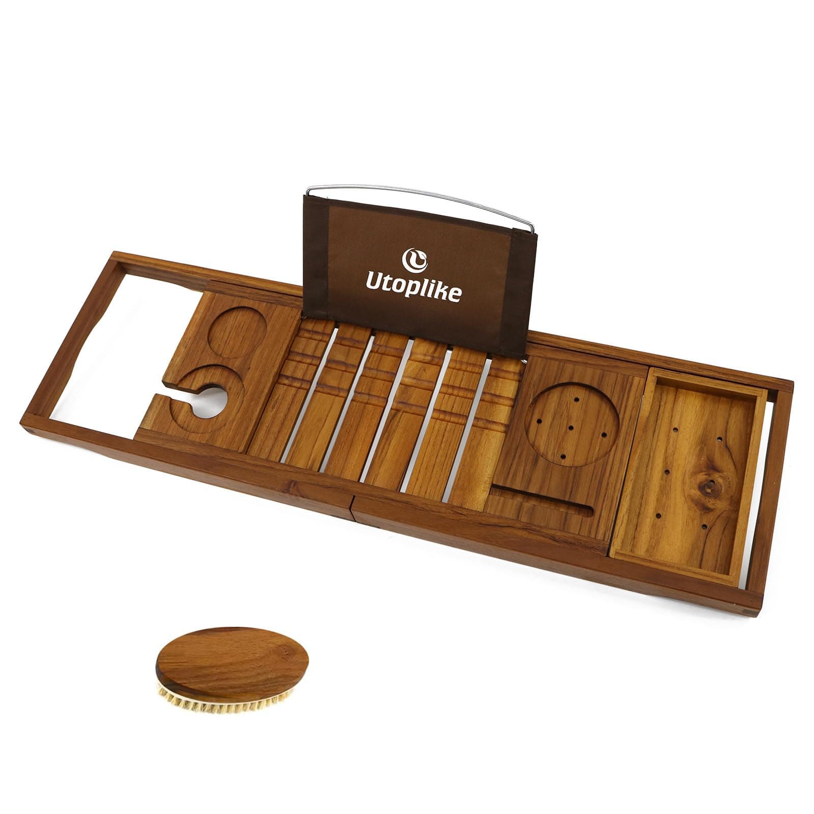 Utoplike Teak Bathtub Caddy Tray Bath Tray for Tub,Unique Bathtub Organizer with Book Tablet Wine Glass Cup Towel Holder, Waterproof,Adjustable, for Your Loved