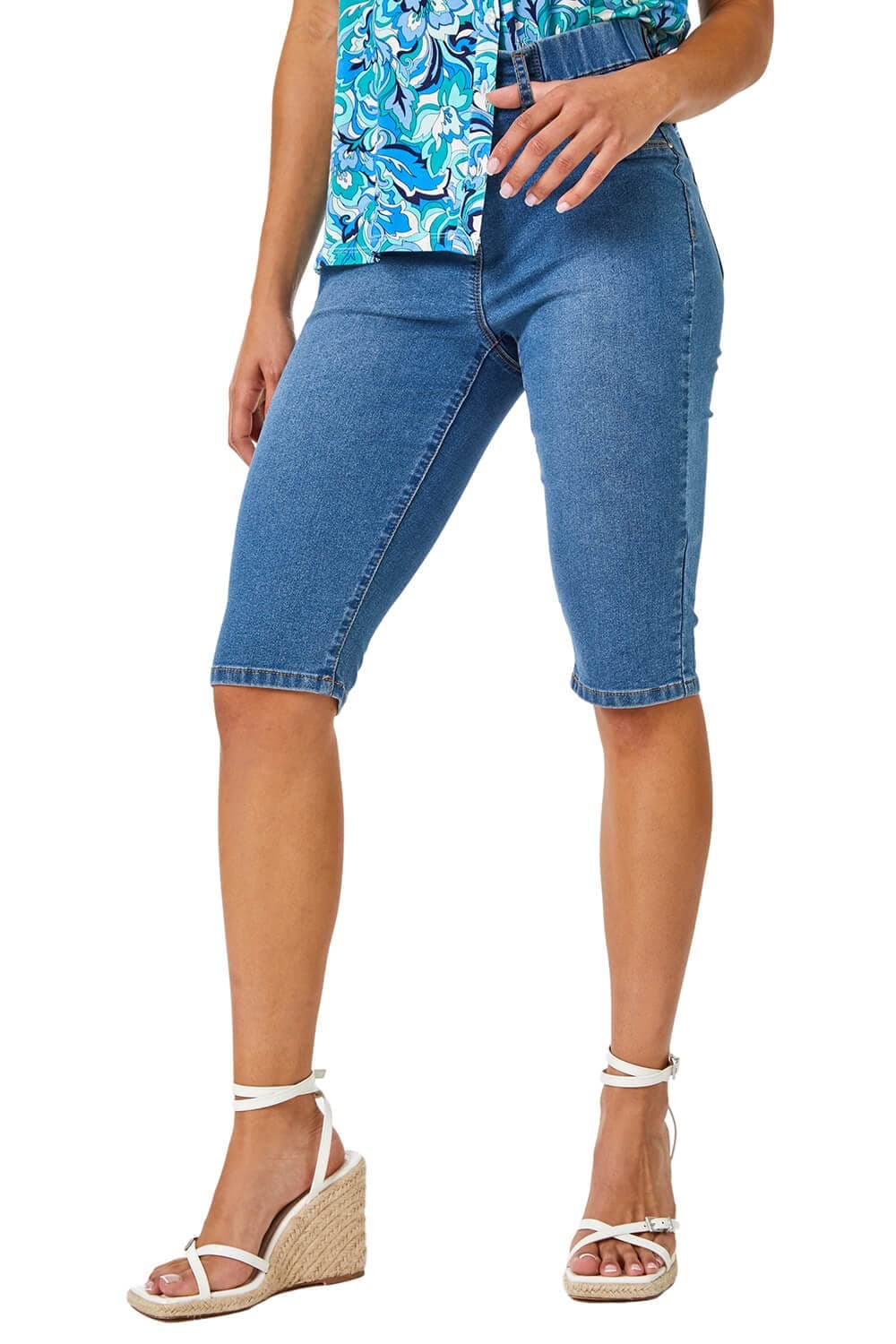 Roman Knee Length Jeggings for Women Ladies Stretch Denim Shorts Jeans Cropped Trouser Capri Pants Summer Cotton Legging Pedal Pusher Legged Crop Spring Cutoff Work
