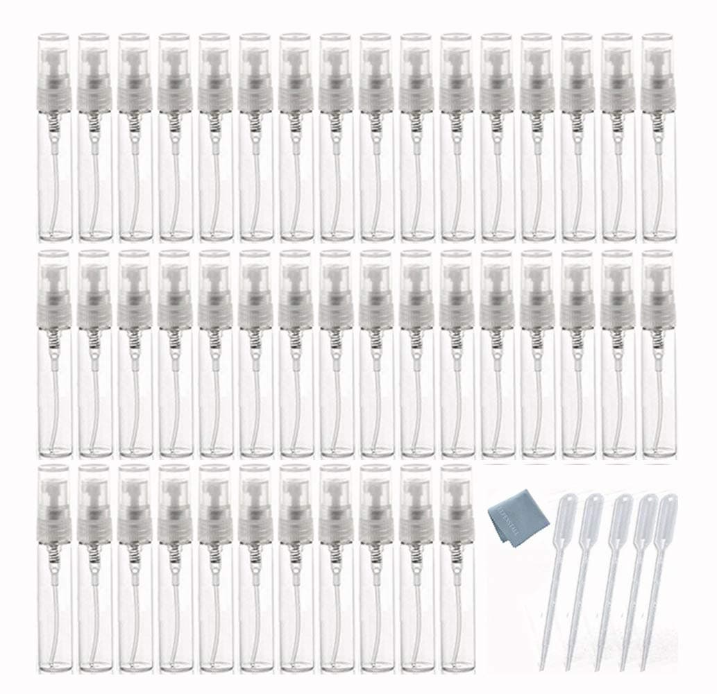 50pcs Mini 5ml Fine Mist Glass Refillable Perfume Empty Bottle Atomizer Pump Spray for Travel Party Glass Clean Cloth + Free 5PCS 3ML Dropper
