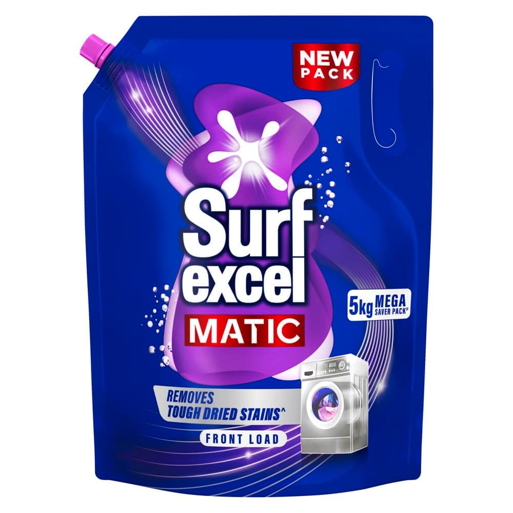 Surf Excel Matic Front Load Liquid Detergent 5L Refill Pouch, Specially designed to remove Tough Dried Stains, 1st time in Washing Machine