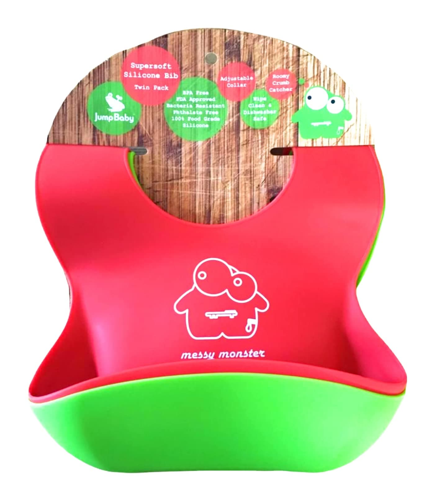 2 Pack Thick Silicone Baby Bibs for Babies and Toddlers 6 months to 3 years Adjustable with Wide Food Catcher Pocket, Soft, Unisex, Non Messy (red/green)