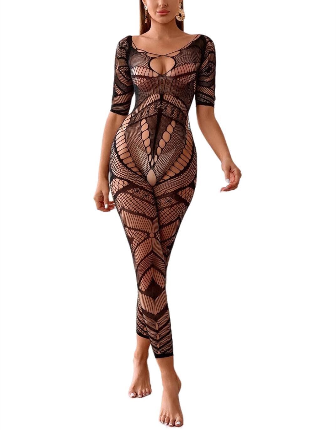 Women Sexy Crotchless Underwear Hollow Lingerie Bodysuit Babydoll Striped Mesh Teddy Sleepwear Half-Sleeves Bodystocking
