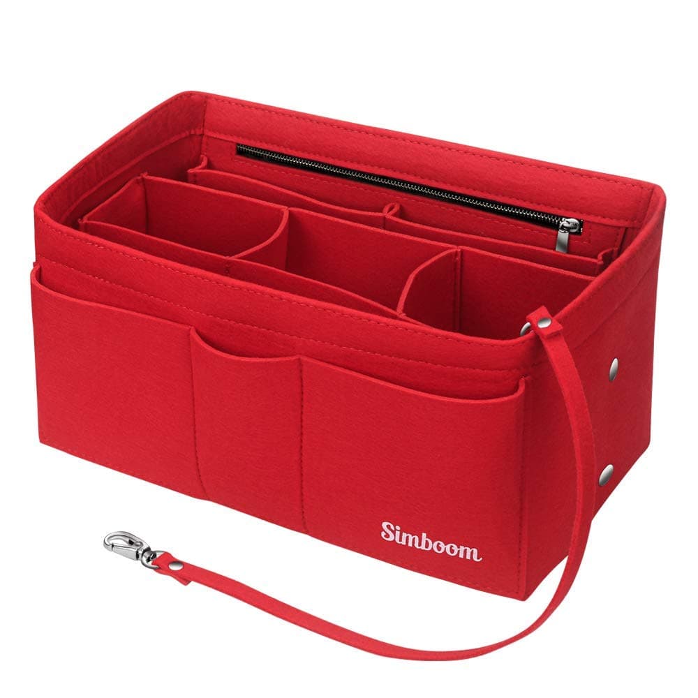 SIMBOOMSIMBOOM Handbag Organiser Insert, Women Purse Insert Organizer with Detachable Bag and Key Chains (Red, L)