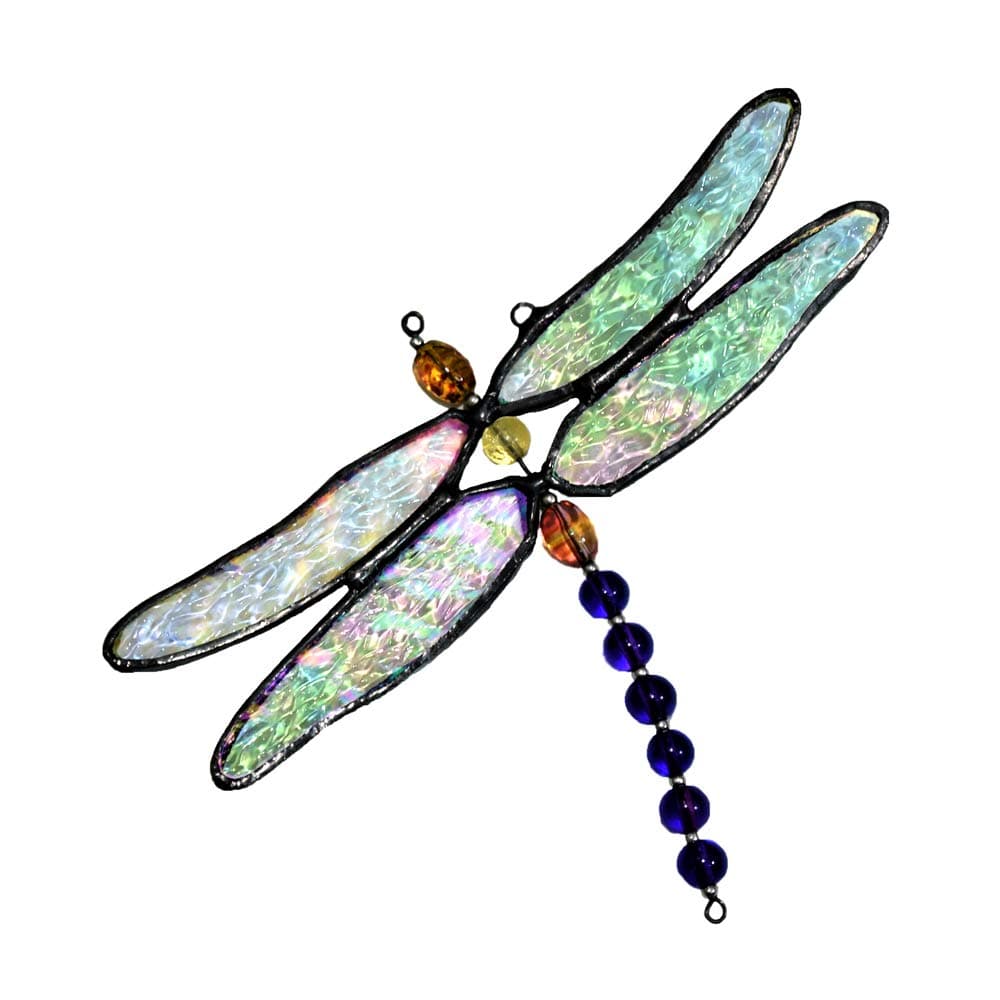 Stained Glass Dragonfly Ornament – Iridescent Clear Textured Glass Suncatcher by J Devlin Glass Art – Handmade Window Décor