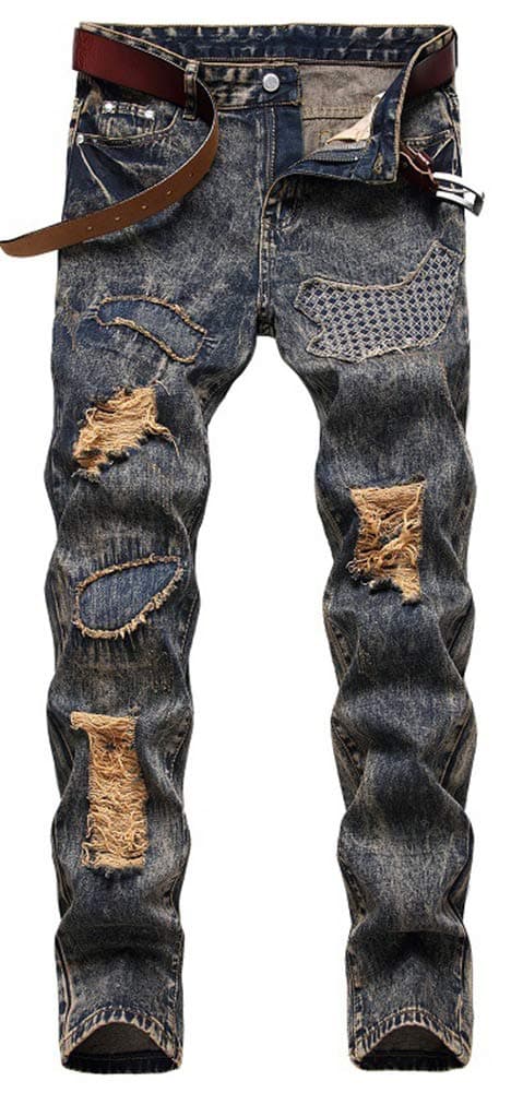 CLOTPUS Men's Biker Moto Skinny Denim Jeans Tapered Leg Ripped Slim Fit Stretchy