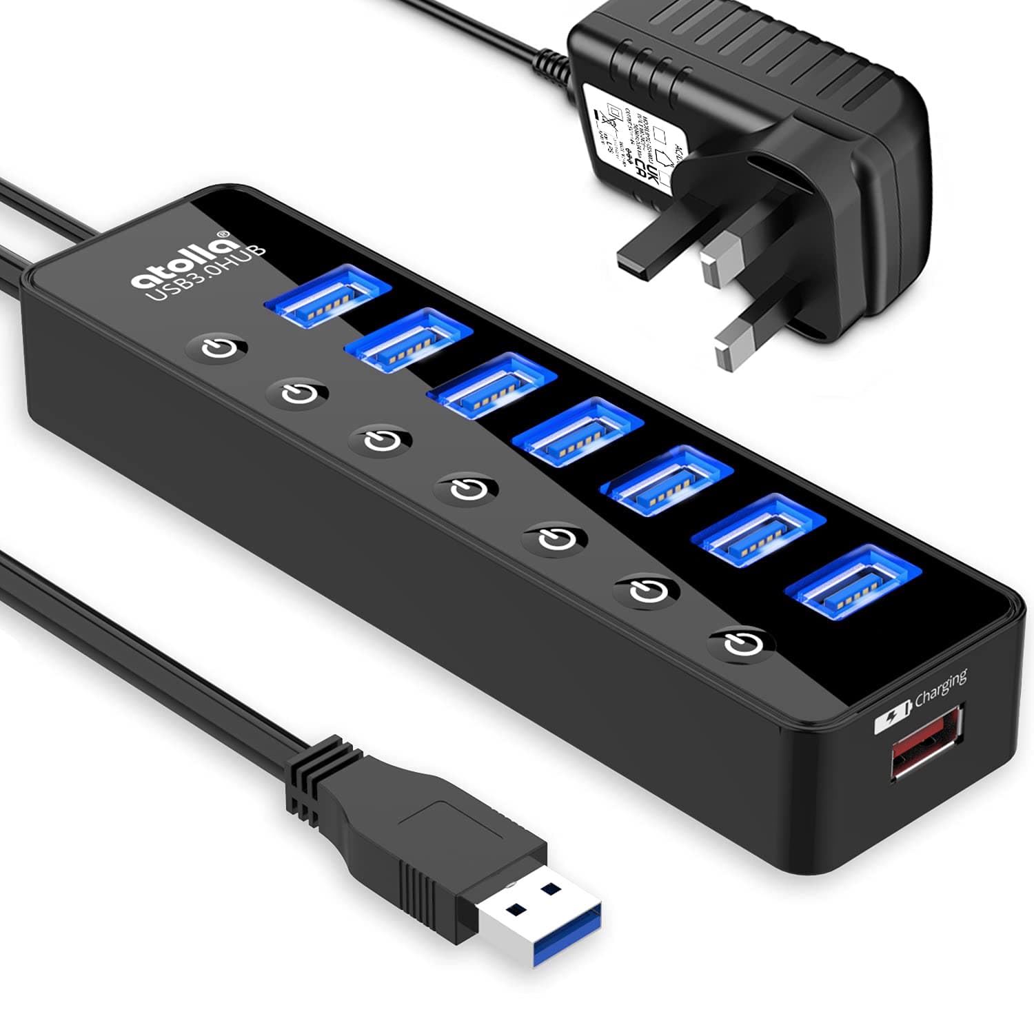 atolla Powered USB 3.0 Hub 20W, 7 Multi USB Data Ports Hub splitter with Individual On/Off Switches+1 Smart Charging port with 5V/4A Power Adapter USB3 Extension for MacBook, Mac Pro and More.