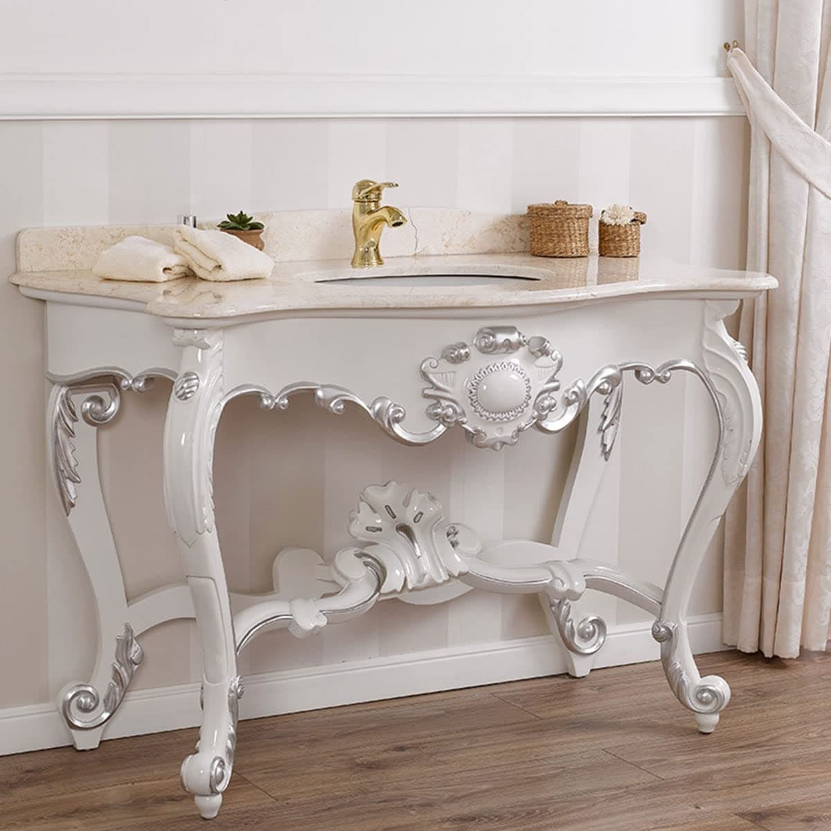 Simone Guarracino Luxury Design Bathroom Vanity Luigi Filippo Modern Baroque Style Cabinet 130 Cm Lacquered Glossy White and Silver Leaf Cream Marble