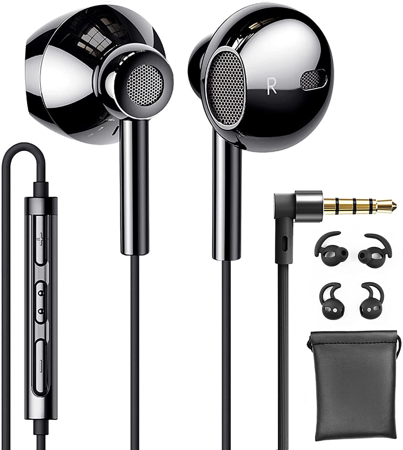 Linklike QUAD Dynamic Drivers Hi-Res Stereo Bass Bright Black Earphones Wired Earbuds with Microphone, Noise Cancelling In-Ear headphones with Call Control 3.5mm Jack, Linklike Classic 2