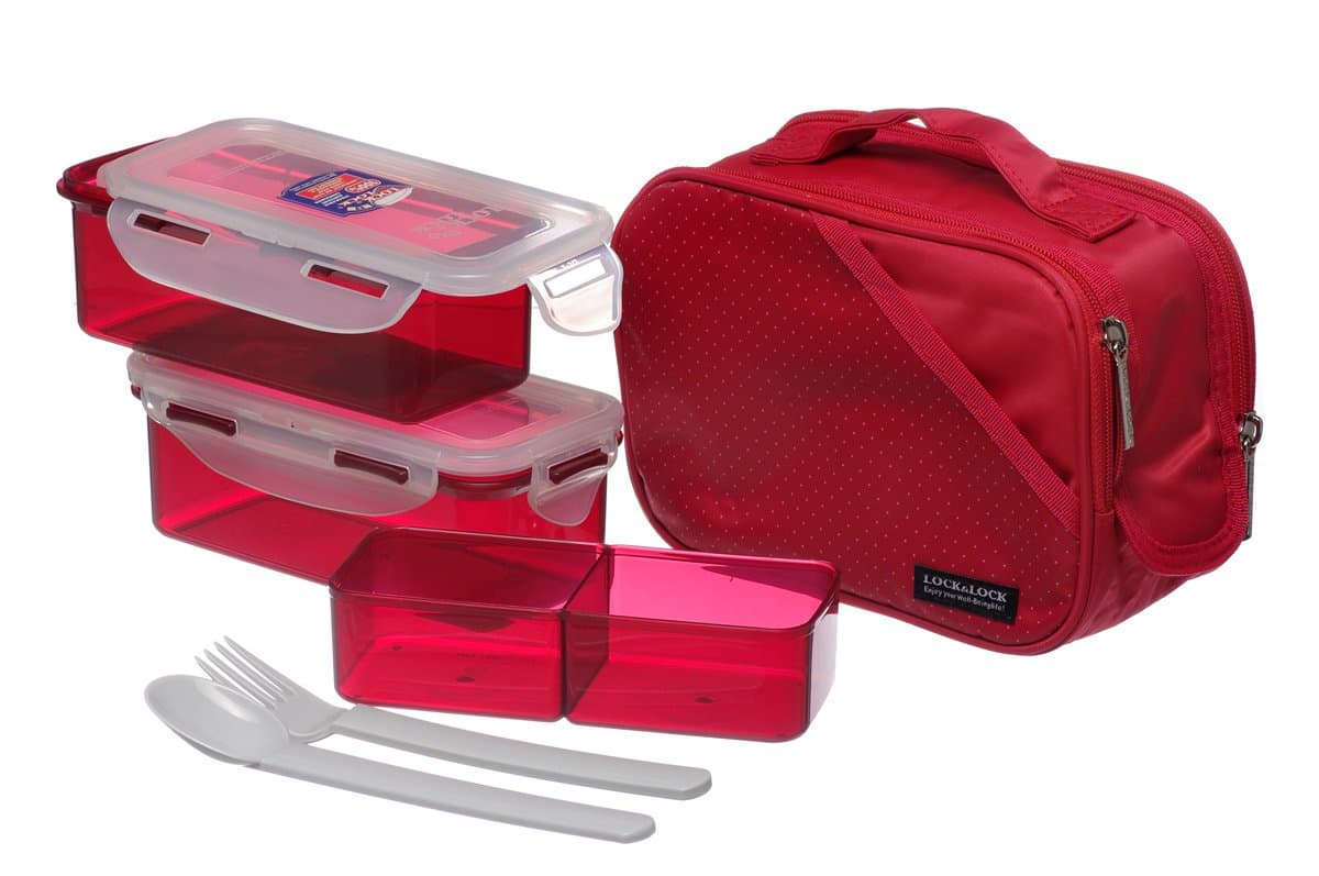 Lock & Lock Bento Lunch Box Set w/spoon&fork Insulated BagHPL762DR (Red)