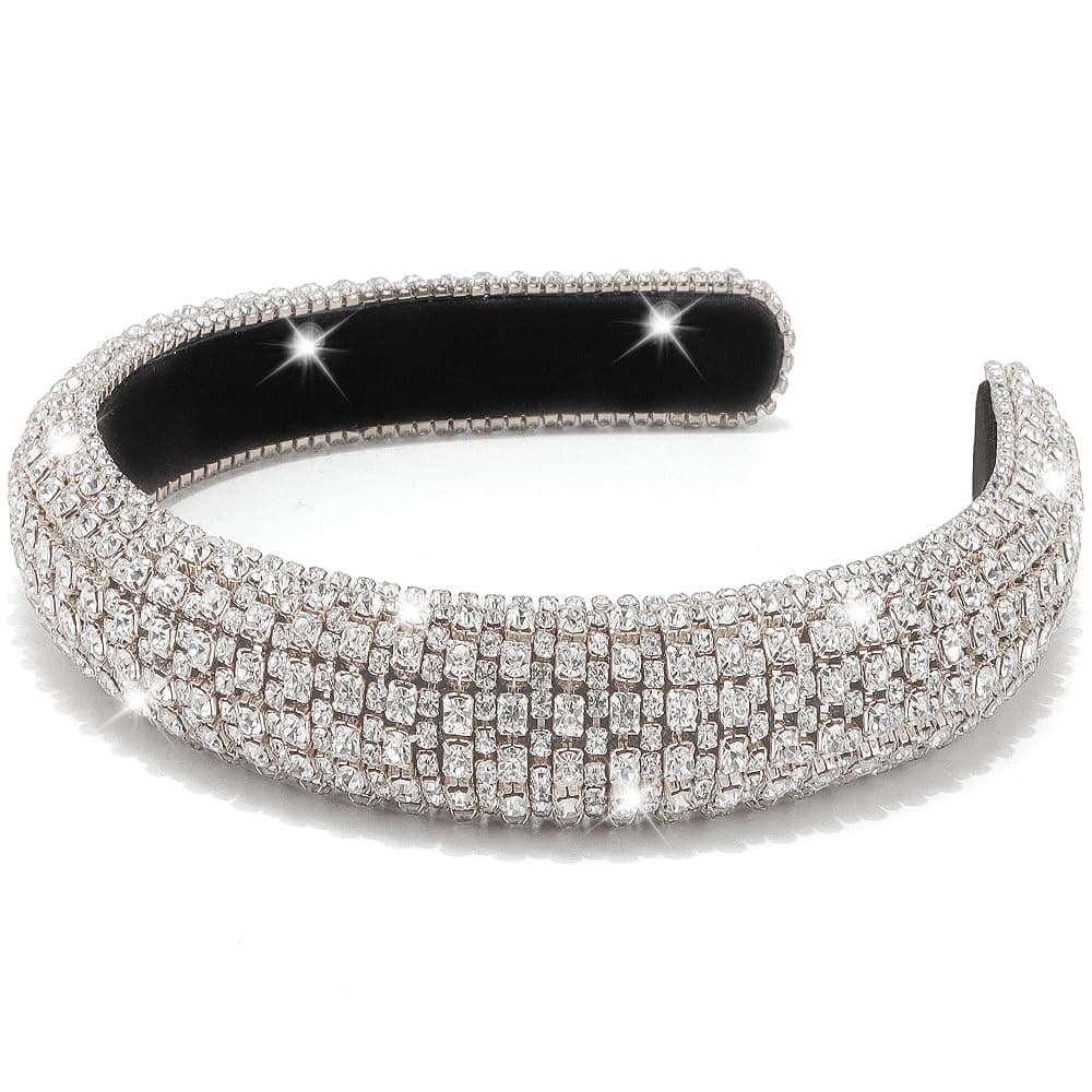 AHONEYRhinestone Headband for Women Girls, Hair Bling Crystal Glitter Sparkly Diamond Padded Headband Fancy Jeweled Headpiece Holiday Hair Accessories Birthday Gifts (Silver)