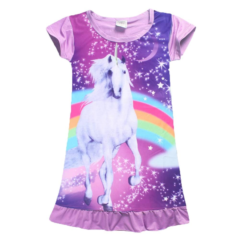Comfy Girls Unicorn Printed Rainbow Princess Casual Dress Nightgown Nightie for Toddler