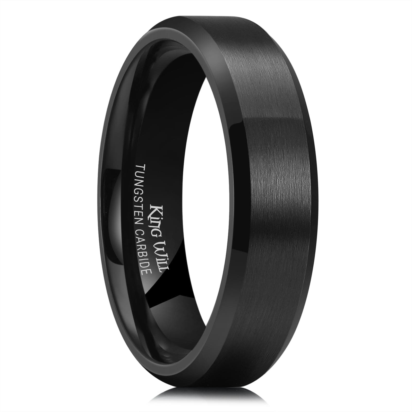 King Will Tungsten Men's Wedding Ring - Available in 6mm to 10mm, Black/Silver, Matte Finish, Beveled Polished Edge, Comfort Fit