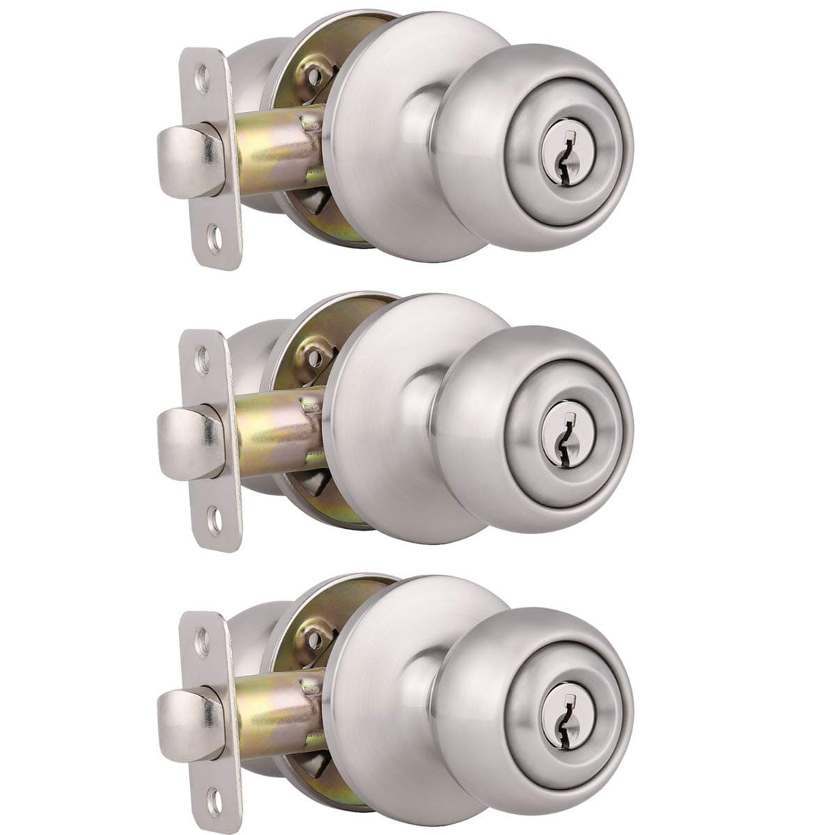 Keyed Entry Door Knobs, Round Ball Keyed Alike Lockset, Interior/Exterior Door Knobs with Lock and Keys for Bedroom Bathroom Front Door, Satin Nickel Finish, 3 Pack