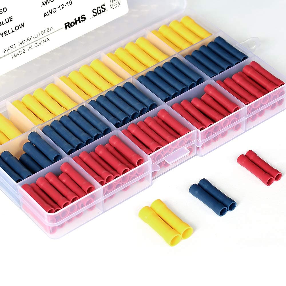 ELECFUN 200 pcs Butt Splice Crimp Connectors Kit, 10-22 AWG Wire Crimps Connector Red Blue Yellow Terminal Kits, Fully Insulated Barrel Electrical Wiring Terminals for 22,20,18,16,14,12,10 Gauge Wires