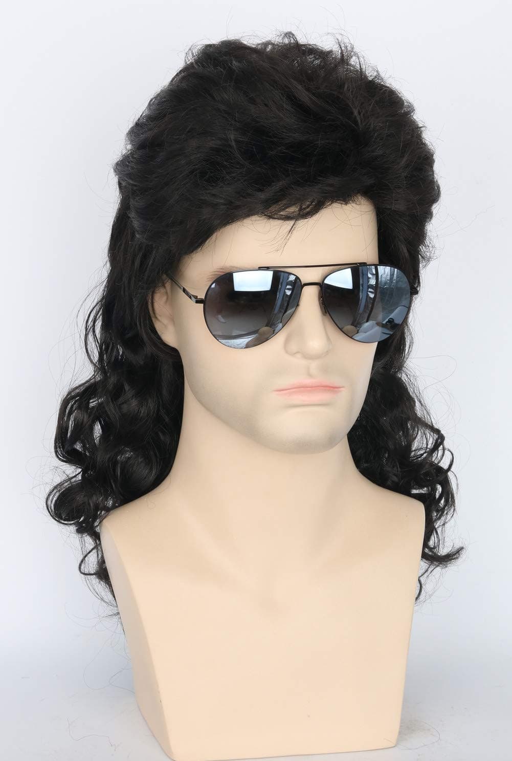 Topcosplay Men Wigs 80s Mullet Wig Black Curly Male Redneck Wig Halloween Costumes Punk Rocker Wig Long