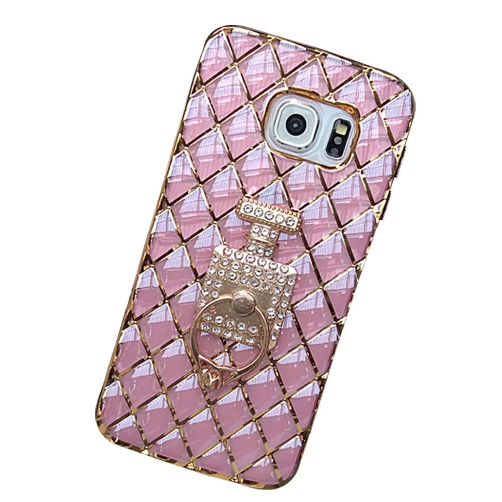 Galaxy S7 edge case, Luxury 3D Diamond Soft Protective Case with Peacock Stand Ring, Sturdy Rubber TPU Rhinestone Shockproof Back Cover for Samsung S7 edge with Finger Holder Kickstand (Rose bottom)