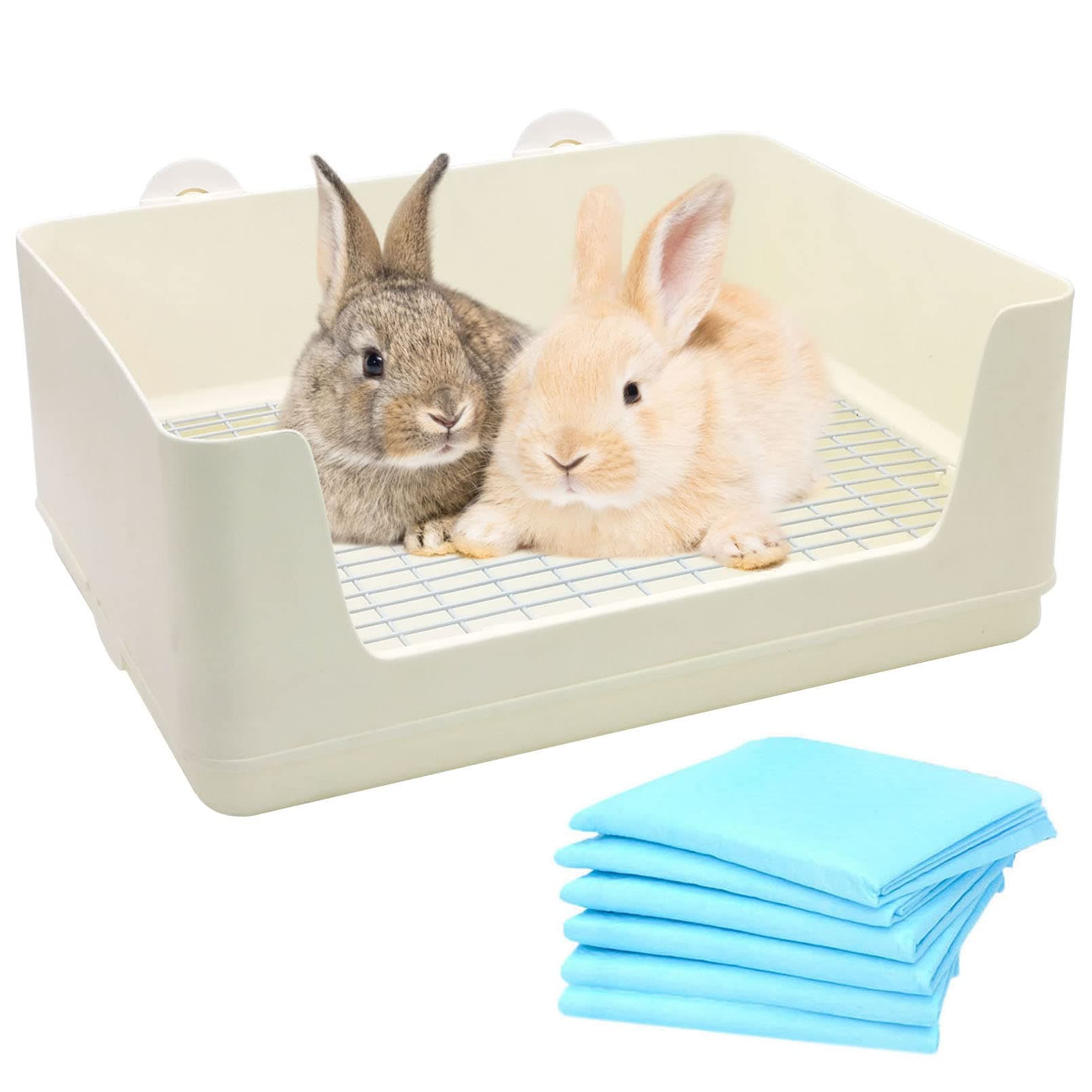 Fhiny Large Rabbit Litter Box for Cage, Plastic Guinea Pig Ltter Pan with 6 PCS Disposable Pee Pads Potty Trainer Corner Toilet Box for Bunny Guinea Pigs Ferrets Chinchillas Small Animals (White)