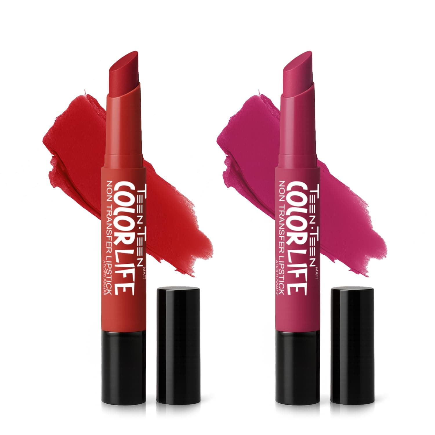 TEEN TEEN Color Life Nontransfer Crayon Lipstick |Matte Finish with Built-in Primer |Waterproof & Long Lasting Lip Color |Smudge-Proof, Fade-Resistant Formula |Combo Color (Regal Red, Rose Pink)
