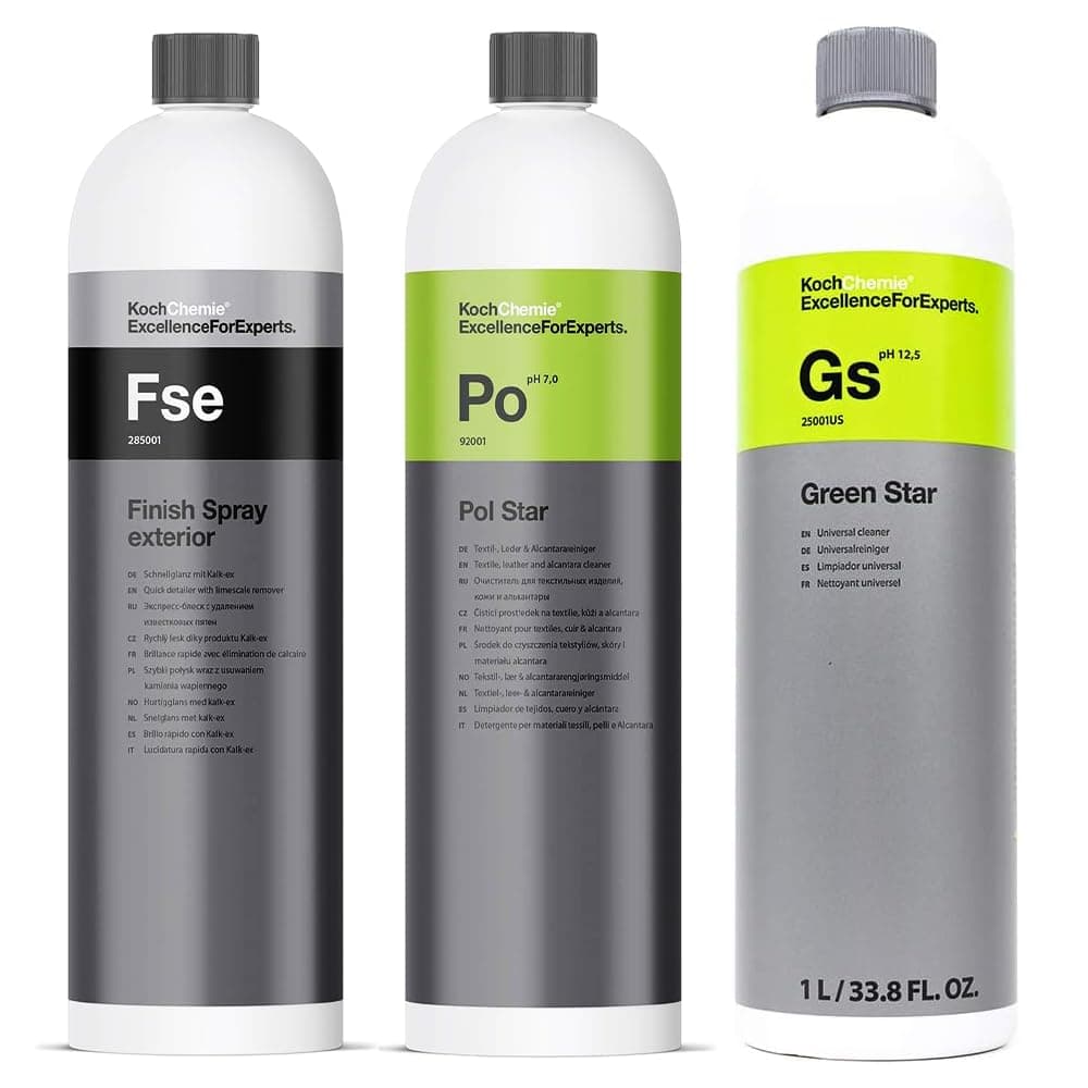 Koch Chemie Bundle - Green Star Universal Cleaner, Finish Spray Exterior Quick Detailer, Pol Star Textile, Leather & Alcantara Cleaner; All-in-One Car Care, Interior & Exterior, Commercial Use (3x1L)