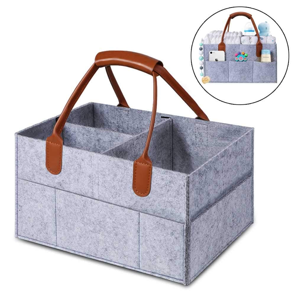 MANLEHOM Baby Diaper Caddy Organizer, Removable Dividers Nursery Storage Bin, Felt Collapsible Portable Basket Bag with PU Leather Handle, Good for Closet Bedroom Bathroom Car Travel