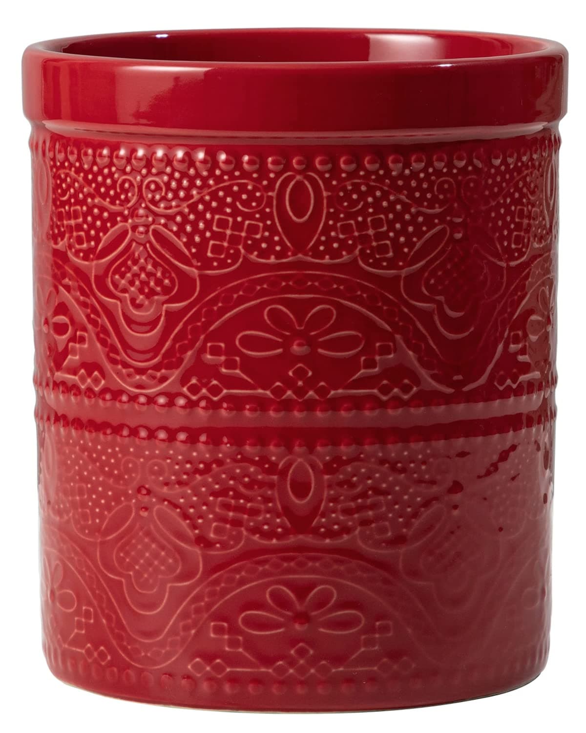 FE FUN ELEMENTSLarge Kitchen Utensil Holder, 7.2'' Heavy and Stable Lace Emboss Ceramic Crock for Countertop (Red)