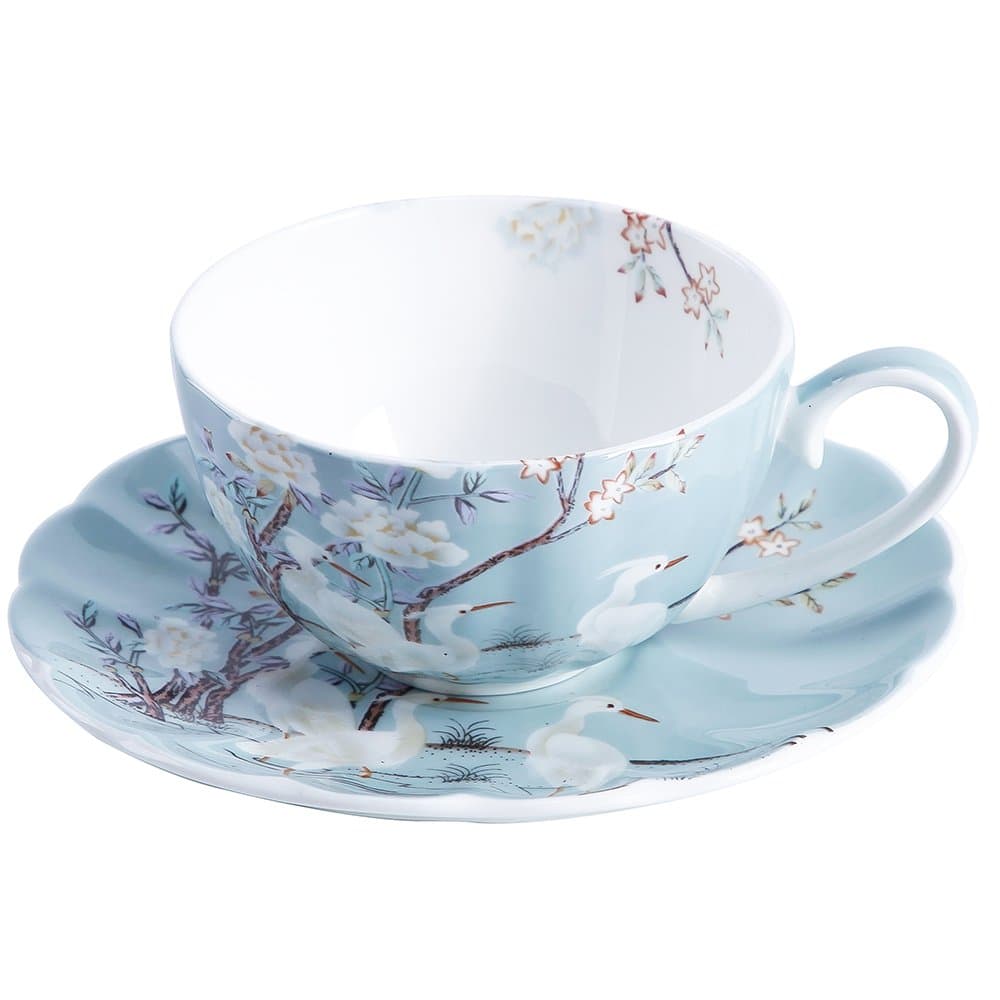 8oz Blue Fine Bone China Coffee Cup with Saucer,Colored Flowers,White Crane Porcelain Tea Cup and Saucer