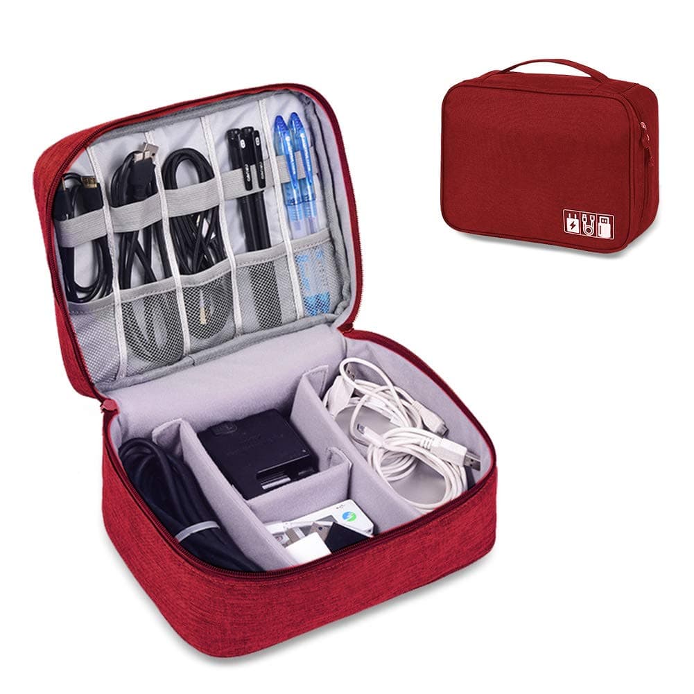 Travel Electronics Accessories Organizer Bag- Waterproof Cable Organizer Bag with 3 Removable Dividers, Padded Gadget Carrying Case for Cables, Portable Chargers, Electronics Adapters
