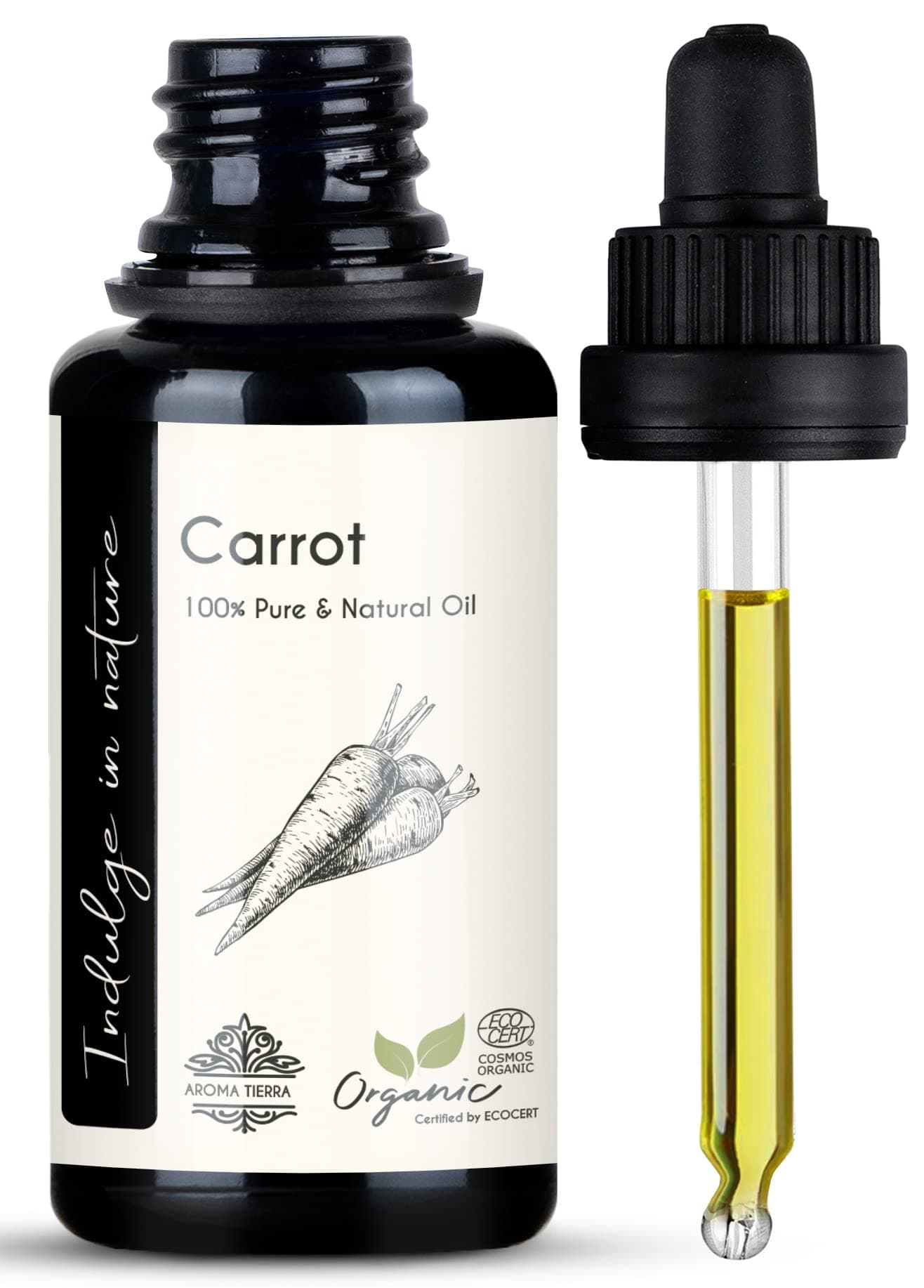 Aroma Tierra Carrot Oil (Certified Organic) - - Rejuvenates dull skin, Fades scars, Anti-ageing, Face, Hair care - 30ml