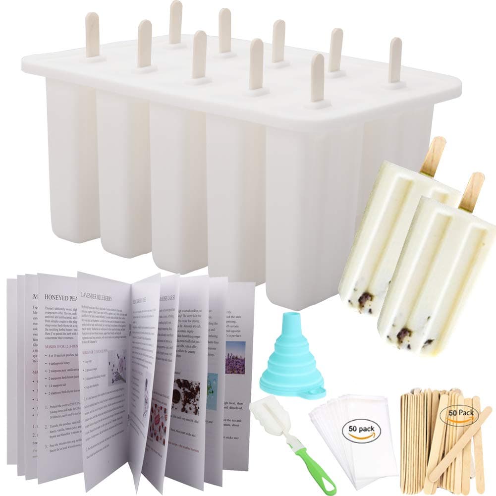 Homemade Popsicle Molds Shapes, Food Grade Silicone Frozen Ice Popsicle Maker-BPA Free, with 50 Popsicle Sticks, 50 Popsicle Bags, Brush, Funnel and Ice Pop Recipes(White 10 Cavities)