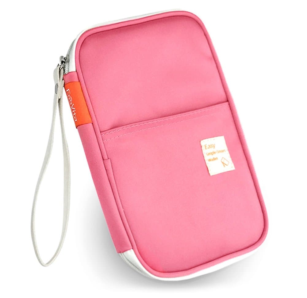 EssVita Travel Passport Wallet Waterproof Passport Wallet Holder Cover Travel Document Organizer Holder with Hand Strap (Pink)
