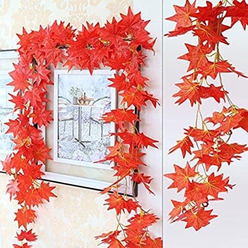 Anythury 92 Feet Big Leaf Maple Rattan Leaves Vine Fake Foliage Leaf Flowers Plants Artificial Flower Home Hotel Office Wedding Party Garden Craft Art Decor Red