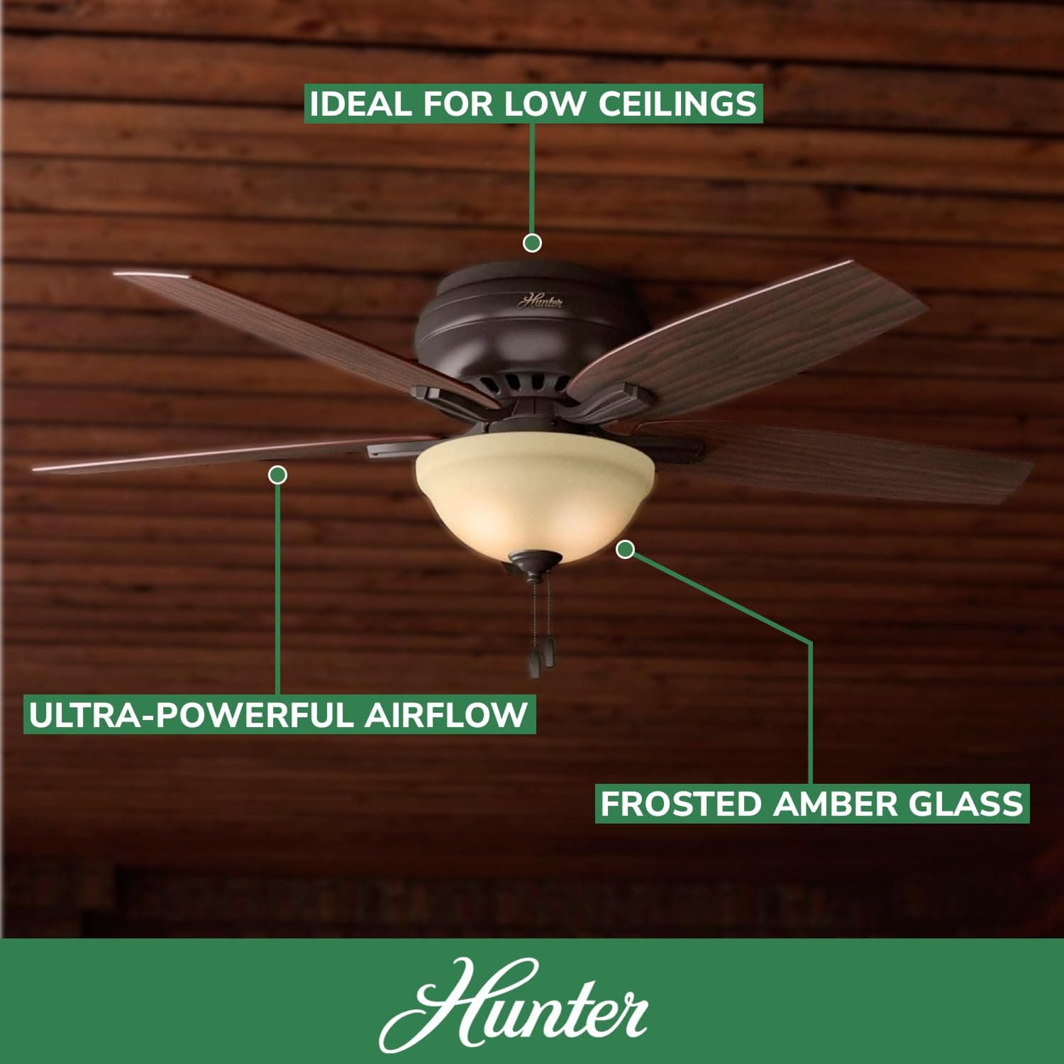 Hunter Newsome Indoor Low Profile Ceiling Fan with LED Light and Pull Chain Control, 52", Premier Bronze