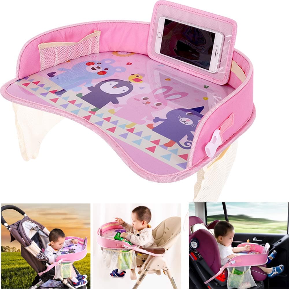 Kids Travel Tray Car Seat, Snack Play Trays with Mesh Pockets,Car Activity Tray for children with Dry Erasable Drawing Surface with Tablet Phone Holder Waterproof and Foldable