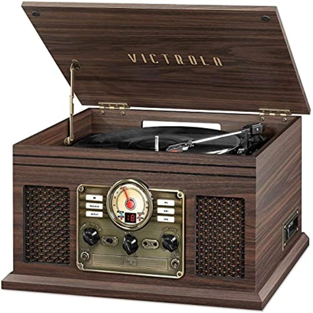 The Quincy 6-in-1 Bluetooth Record Player & Multimedia Center with Built-in Speakers – 3-Speed Turntable, CD & Cassette Player, FM Radio, Wireless Music Streaming (Espresso)