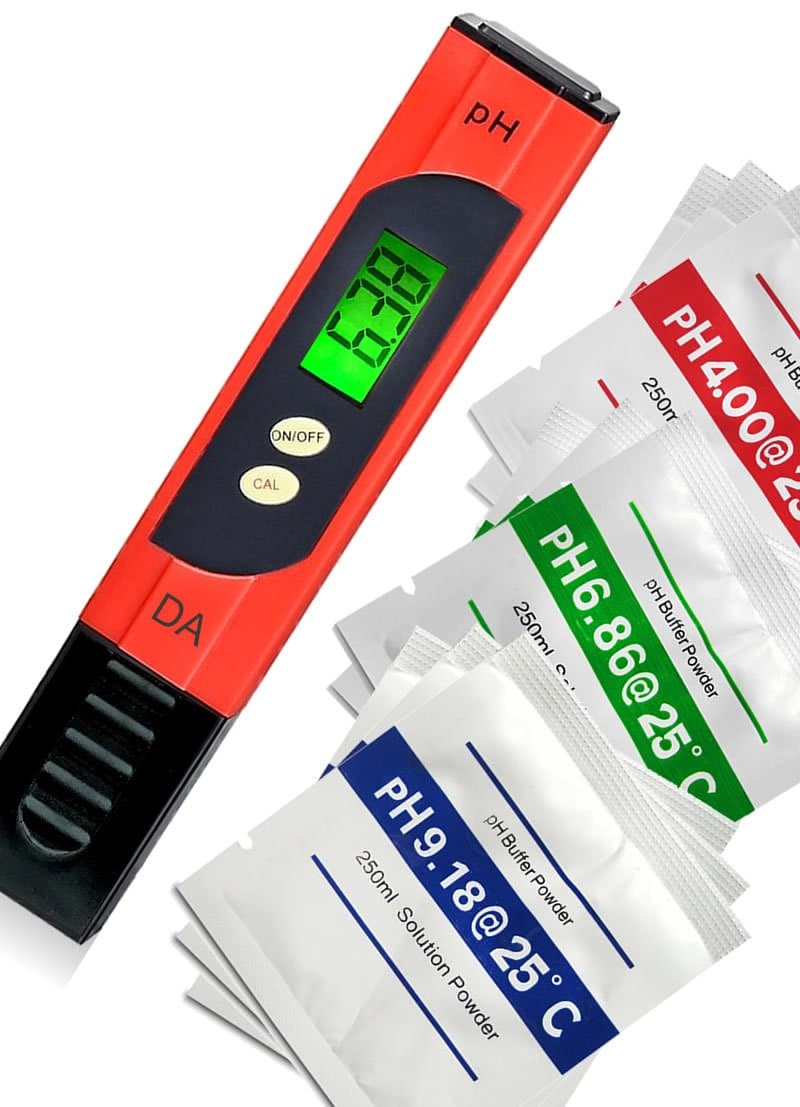 Professional pH Meter with Large Backlit LCD Screen. Range 0.00 to 14.0 pH. 3 Free pH Buffer Solution Powders Included. Lifetime Guarantee on this Accurate and Reliable pH Test Meter.