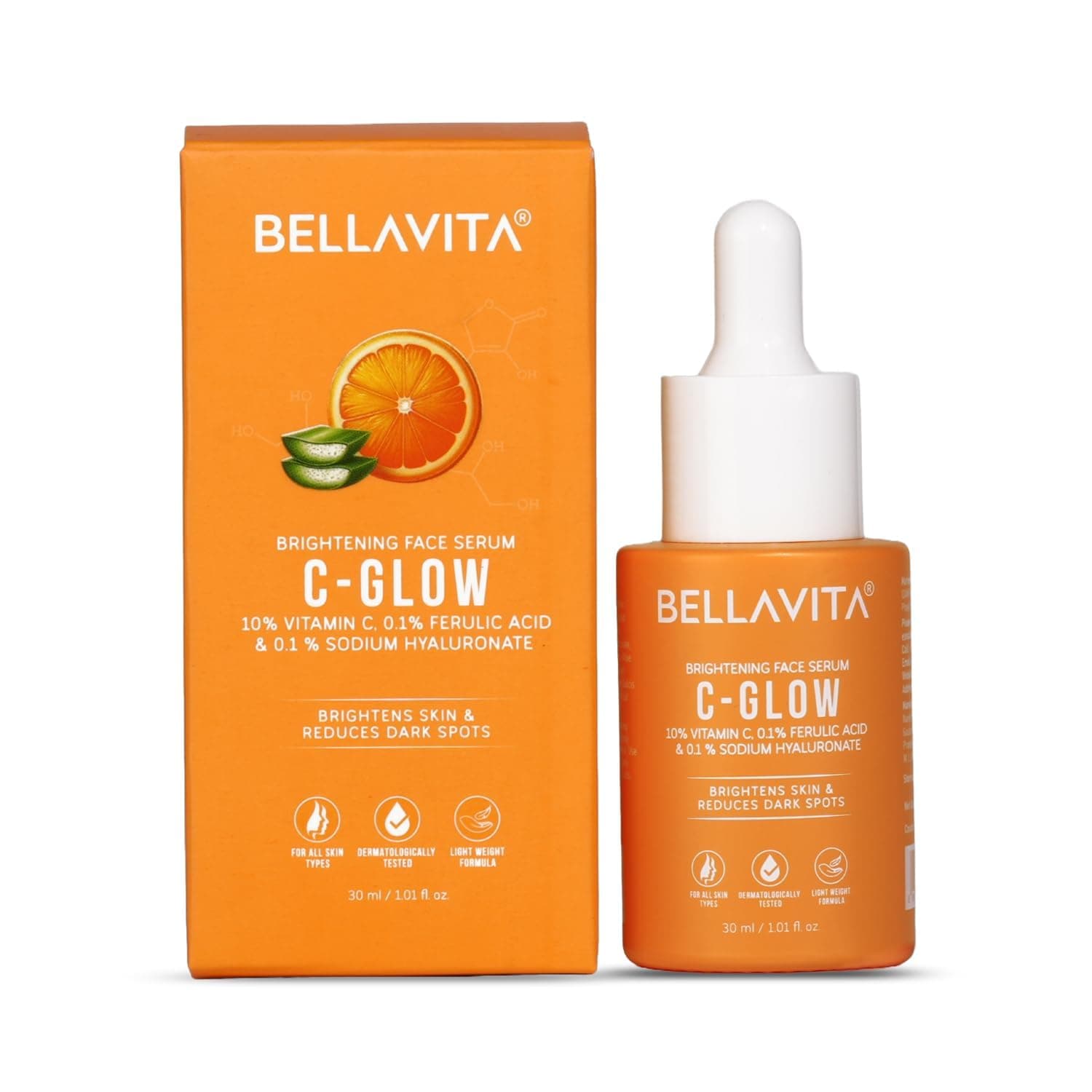 Bella Vita Organic C Glow Face Serum For Glowing Skin, Reduce Dark Spots, Light Weight Non Greasy Moisturizing Anti Ageing Formula For Unisex Of All Skin Types, 30ml