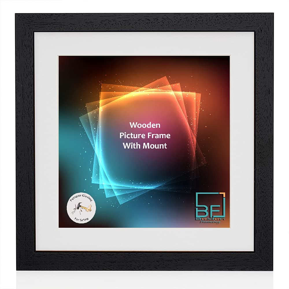 Boldon Framing - Matt Black, Square Thin Photo Frame in Solid Wood with White Wall Mount, 8x8- Pic Size 6x6 Picture Display