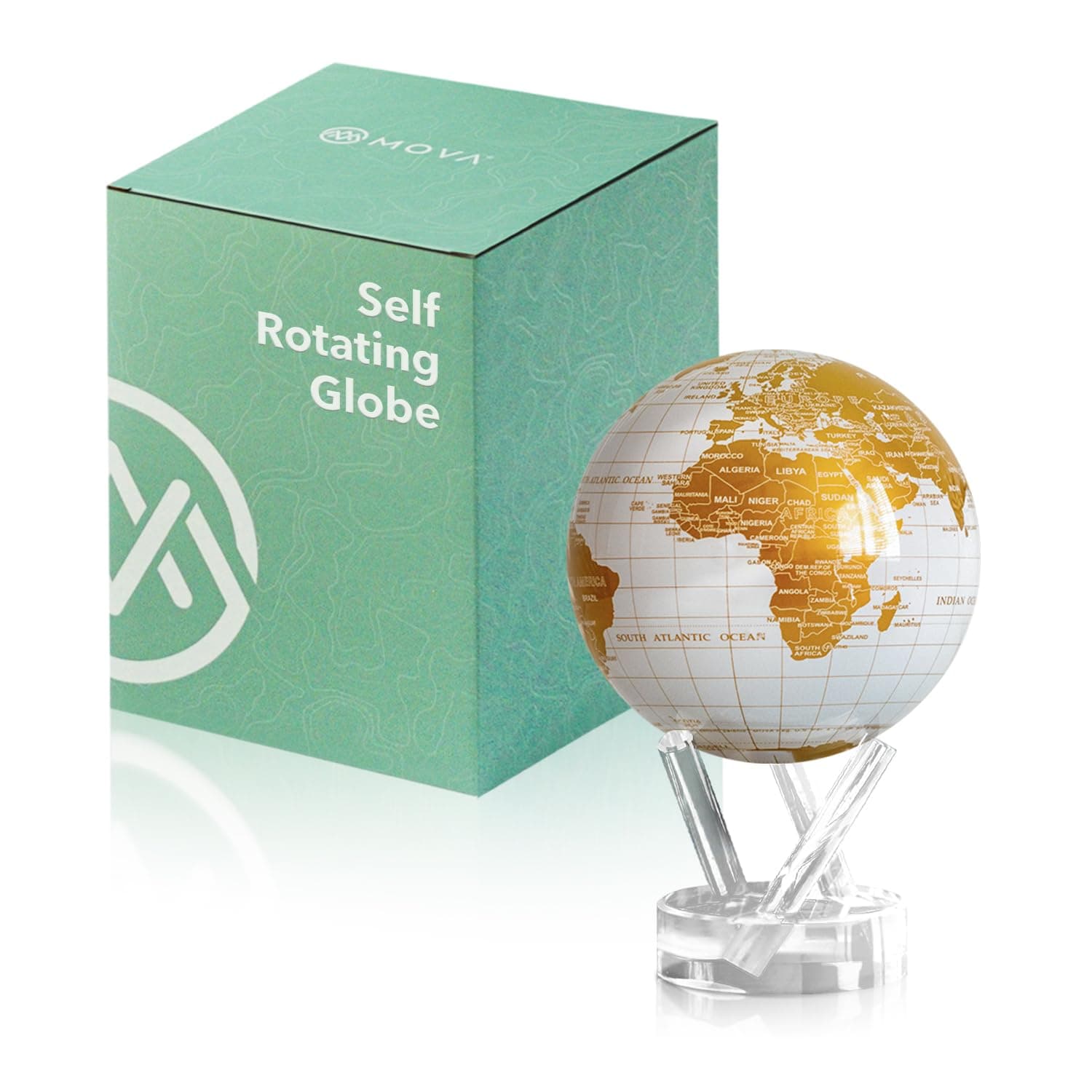 MOVA Globe - Pearl White and Gold Classic (4.5") | Solar-Powered Rotating World Globe for Desk | Elegant Modern Decor | No Batteries or Wires