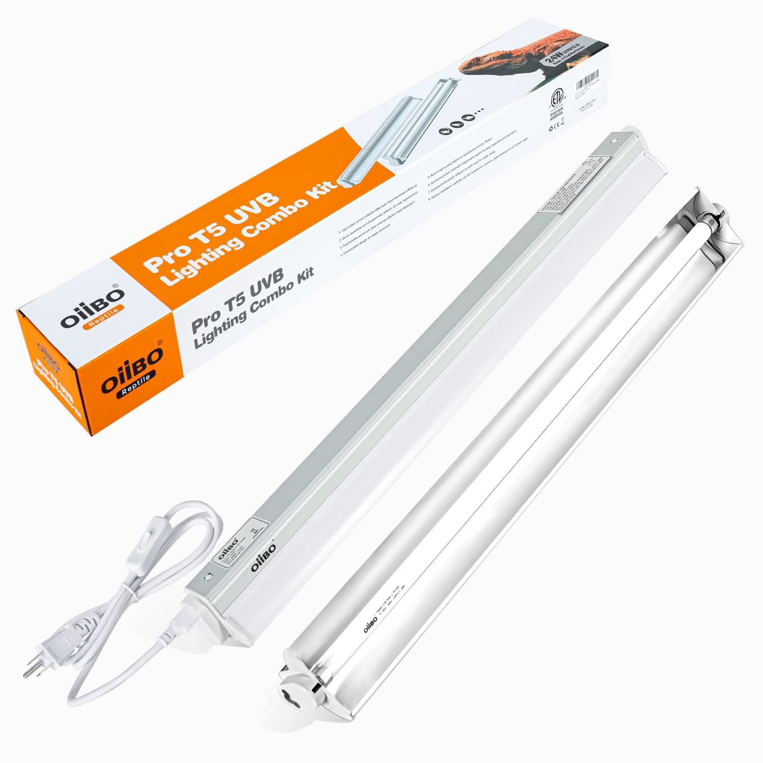 Oiibo T5 HO Reptile Light Fixture UVB Lighting Combo Kit Suit for Desert&Tropical Amphibians Reptiles Terrarium Lamp Hood Light Fixture Include 24W 12.0 UVB Bulb