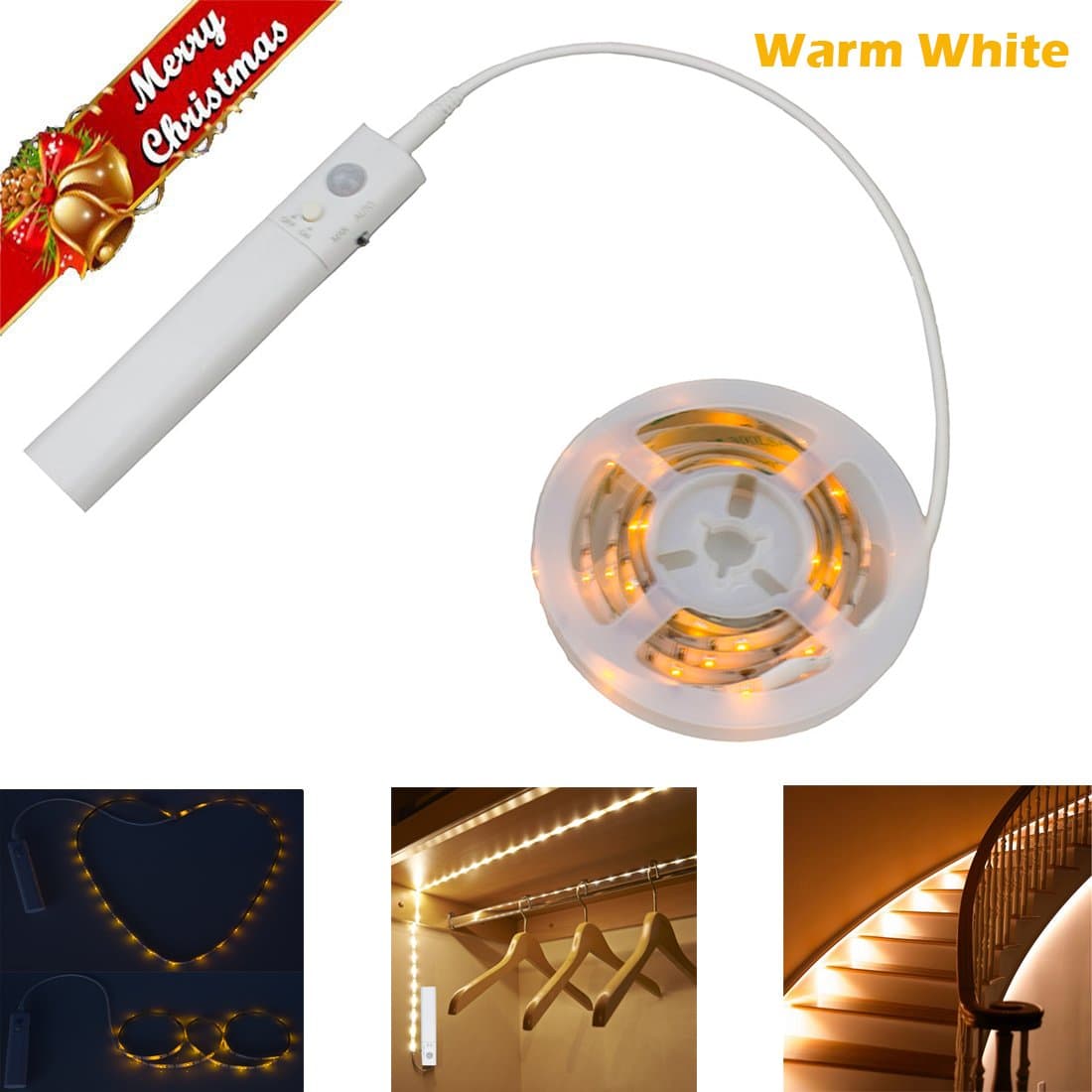 Christmas Gifts Closet Lights Under Cabinet Lights Motion Activated LED Strip Lighting - Battery Powered - Bright 40 Inch LED Strip Light, Warm White 1800K