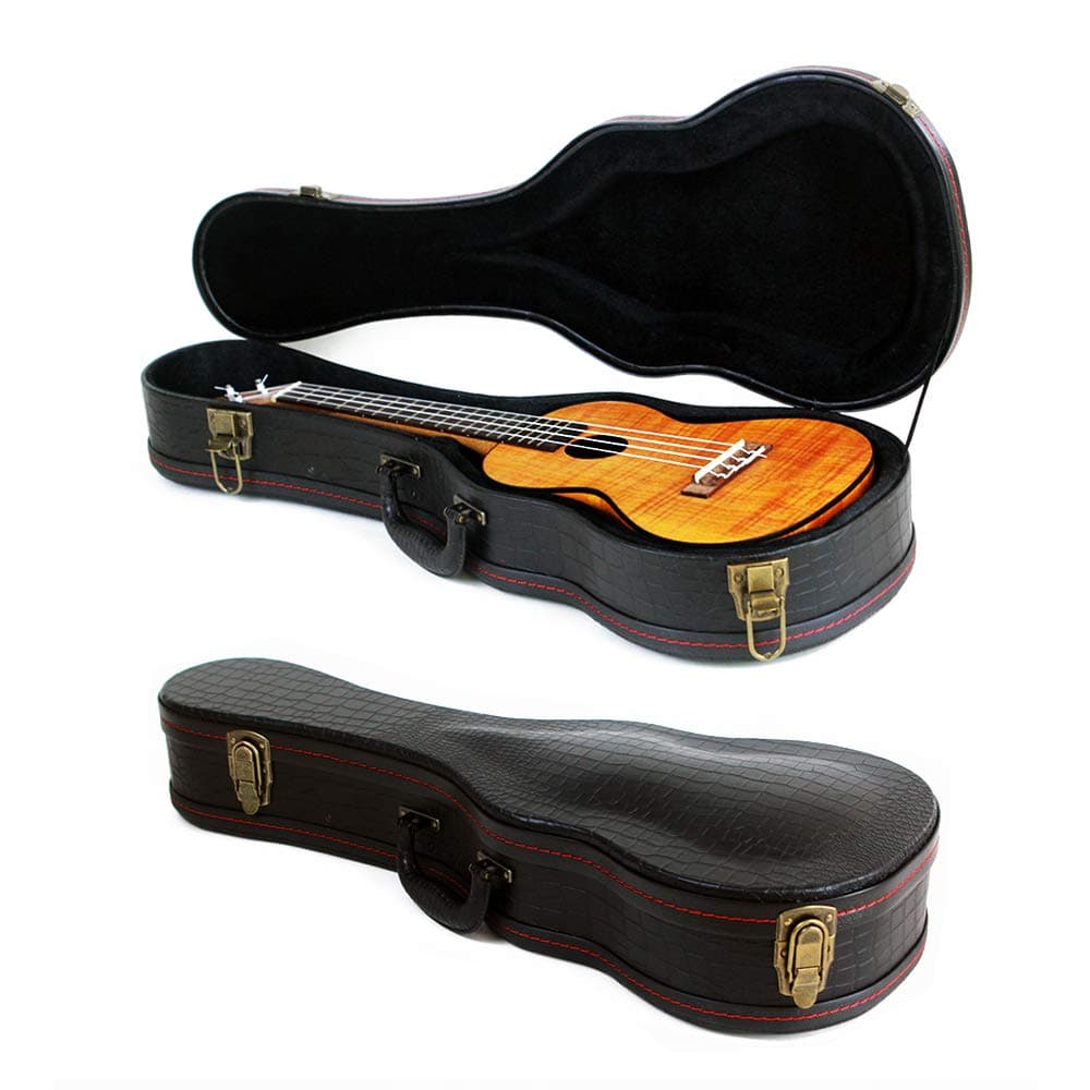 Ukulele Hard Case, Crocodile Pattern Leather Bulge Surface with Plush Interior Wooden Case (Black)