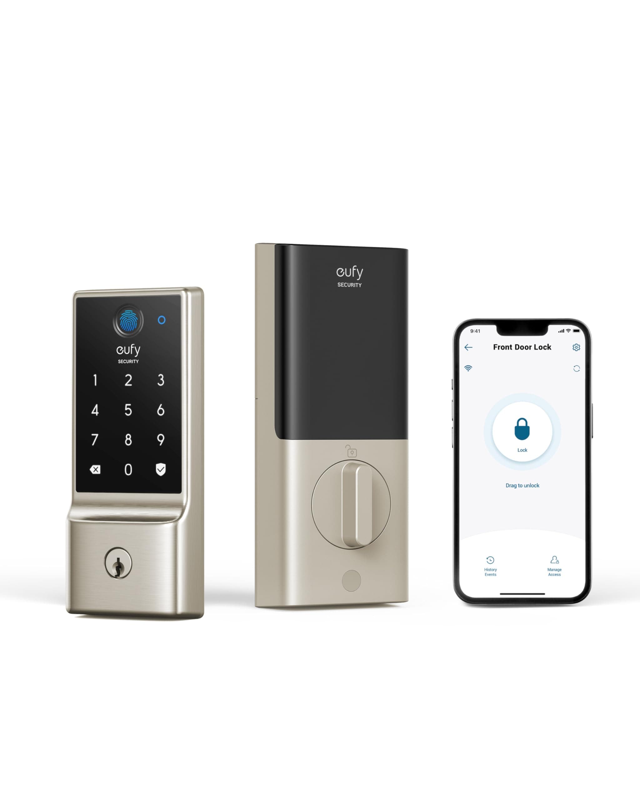 eufy Security Smart Lock C220, Fingerprint Keyless Entry Door Lock, Built-in Wi-Fi, App Remote Control, Front Door Smart Lock Deadbolt, 8Months Battery, Reliable Power, IP53 Waterproof, BHMA 3, Nickle