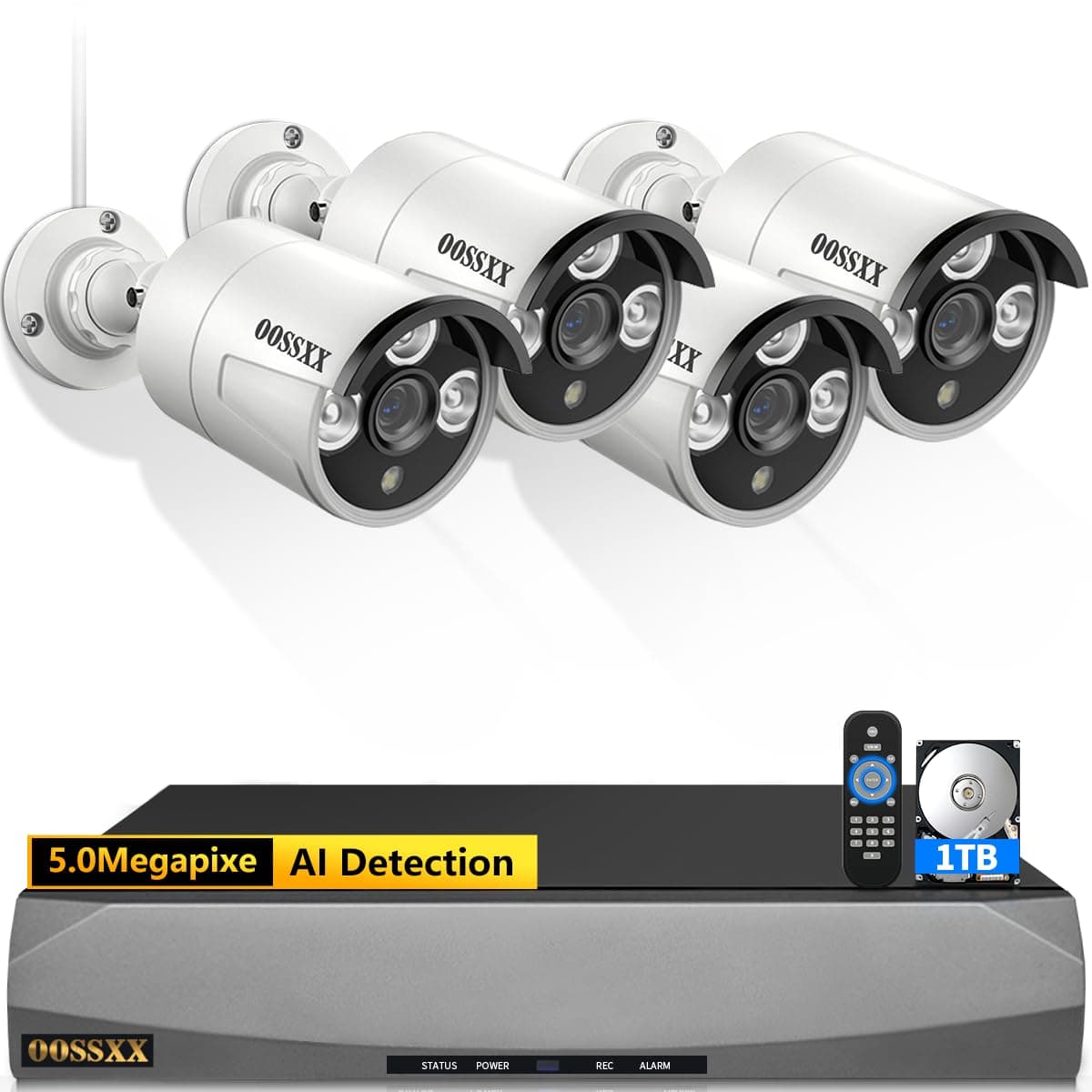 (HD 3K 5.0MP and 60 days storage) AI detected POE security camera systems, 8-channel outdoor video surveillance system, 4 waterproof IP67 cameras with sound, 2TB