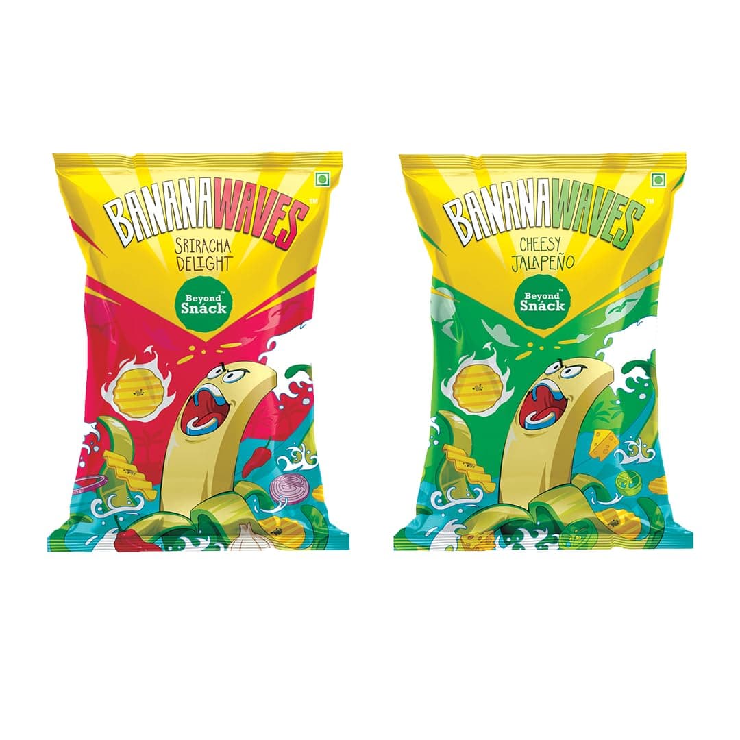 Beyond Snack Banana Waves Thin Cruchy Crispy Snacks Combo Assorted Pack: Spicy Sriracha Delight And Cheesy Jalapeno 260 Gram (65G *4 Packs)