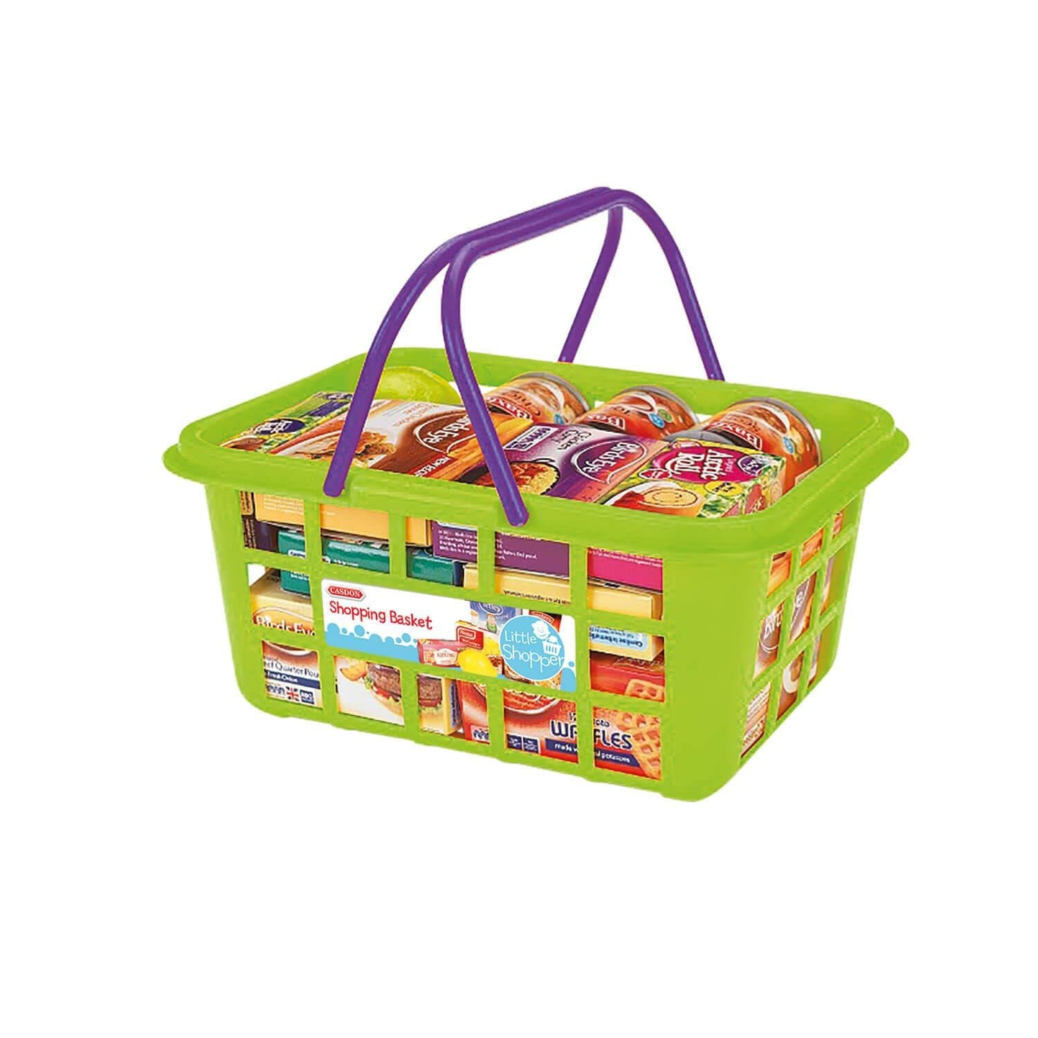 Casdon Shopping Basket. Colourful Toy Shopping Basket for Children Aged 2+. Comes with Miniature Versions of Popular Branded Foods