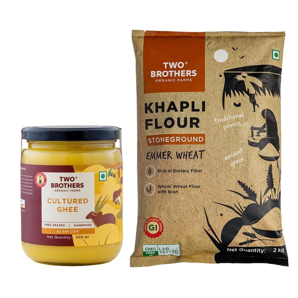A2 Cultured Ghee 500ml & Khapli Wheat Flour 2Kg Combo Pack | Nutrient-Rich and Pure | High Dietary Fiber Atta | Curd Churned Bilona Ghee